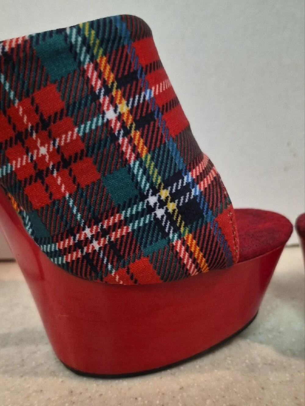 Forplay Red Plaid Platform Slide Heels with Multicolor Tartan Upper 8